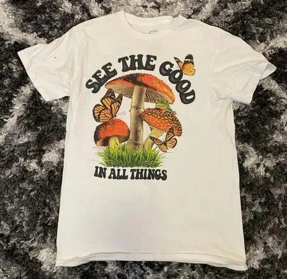 D O M 'See The Good In All Things' Mushroom and Butterfly Graphic T-Shirt - Picture 1 of 5